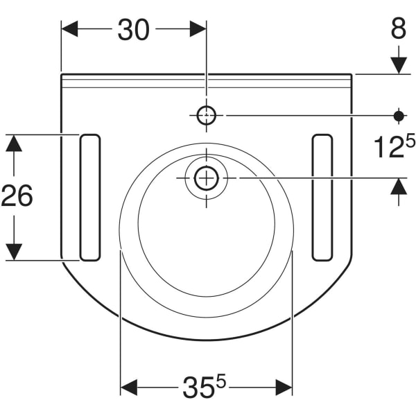 Publica Waschtisch rundes Design, mit Ausschnitten, barrierefrei: B=60cm, T=55cm, Hahnloch=mittig, Überlauf=ohne, weiß-alpin