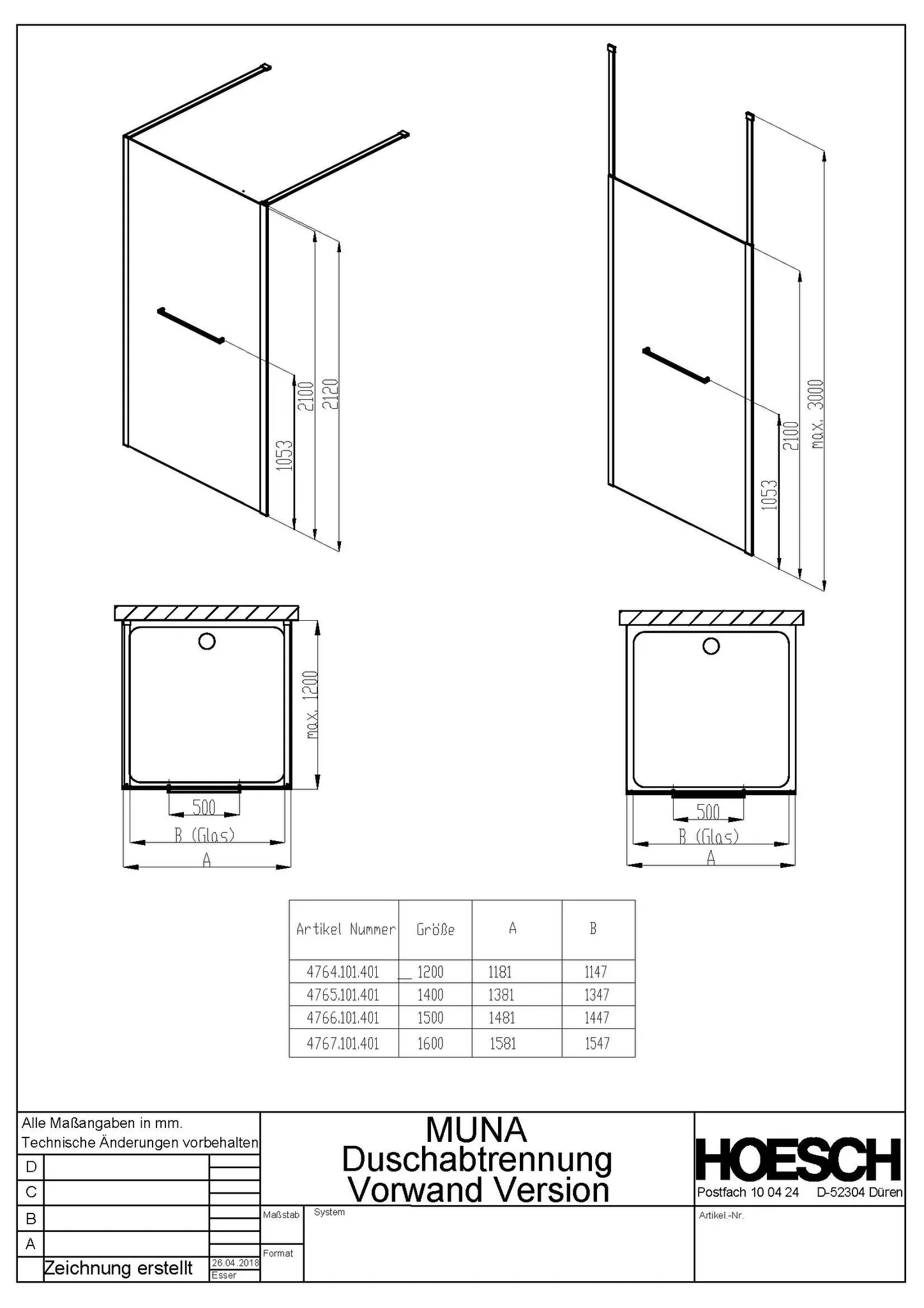 Hoesch Vorwand-Walk-In-Duschkabine „Muna“ Profile eloxal silber, H: 2100 mm