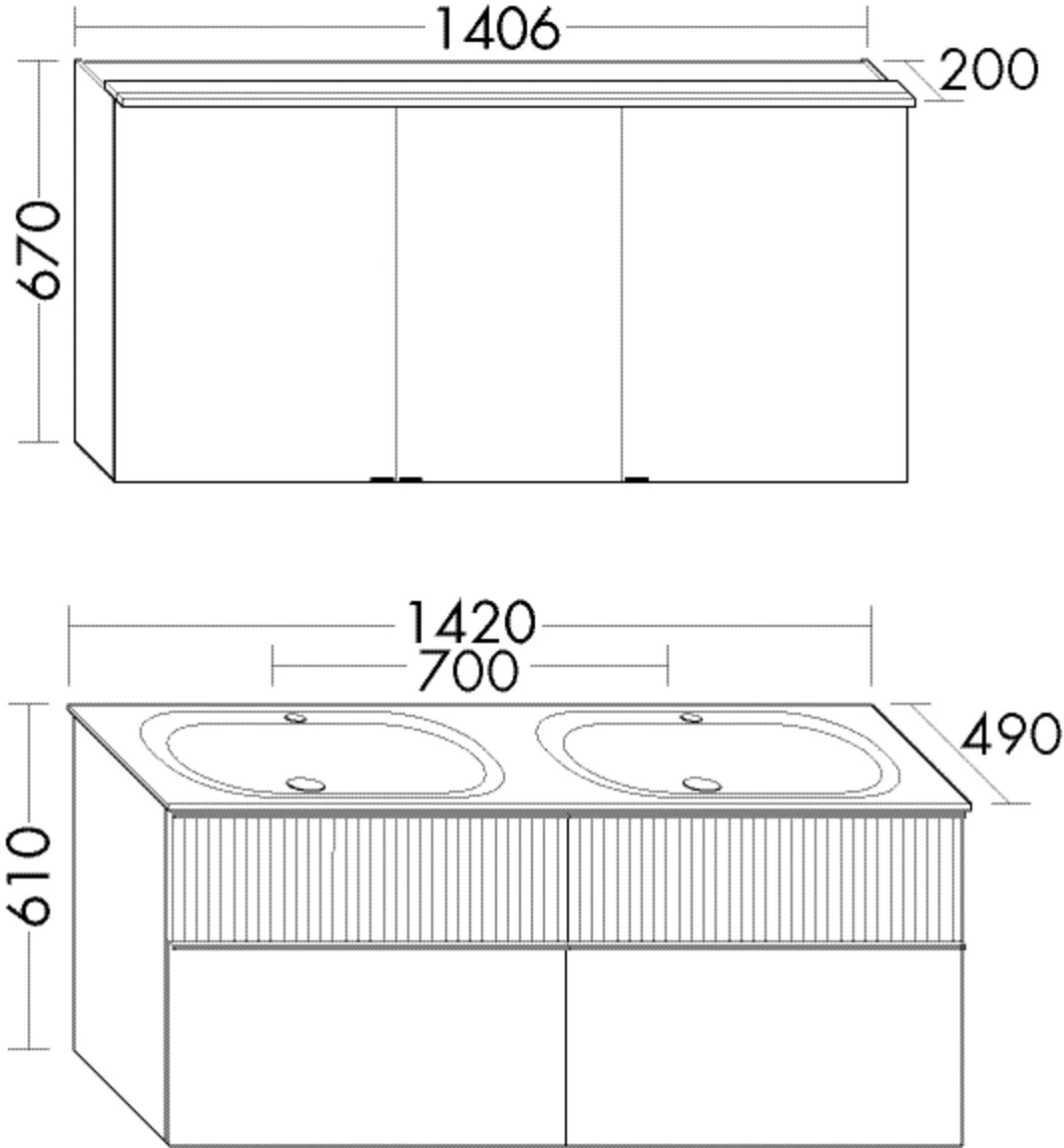 Set, Spiegelschrank;Mineralguss-Waschtisch inkl. Waschtischunterschrank, Tiefe: 490 mm, Breite: 1420 mm