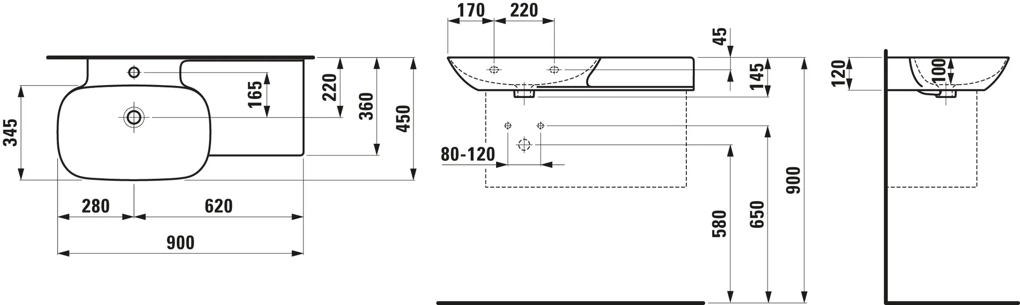 Waschtisch INO 450x900x145 1 Hahnloch mit Überlauf Ablage rechts weiß