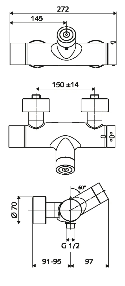 Aufputz-Duscharmatur VITUS VD-C-T / u, Mischwasser, Thermostat, Elektronisch, Selbstschluss, 2 RFV, Batteriefach, 2x DN 15 G 1/2 AG, DN 15 G 1/2 AG (unten), chrom