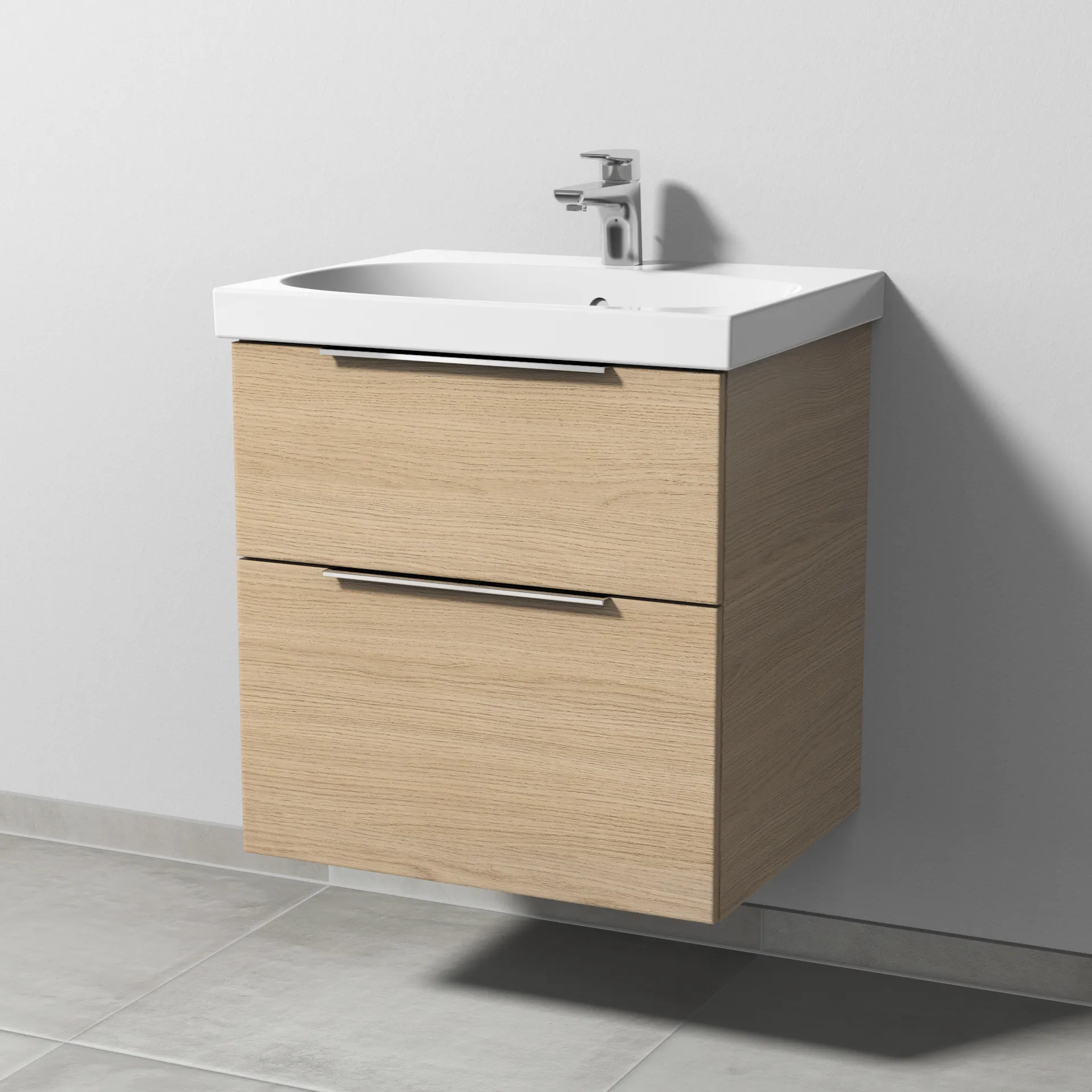 Sanipa Waschtischunterschrank „3way“ passend zu Keramik-Waschtische Acanto von Geberit 570 × 586 × 467 mm in Eiche Nordic, mit Hahnlochbohrung, Becken