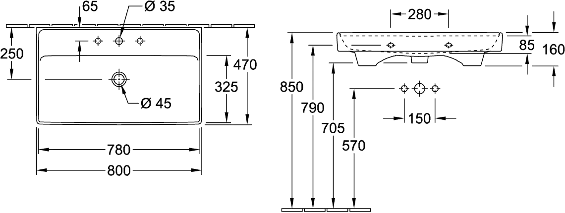 Villeroy & Boch Schrankwaschtisch aus TitanCeram „Collaro“ 800 × 465 × 160 mm, mit Hahnlochbohrung, Hahnlochposition mittig in Weiß Alpin Villeroy & Boch Schrankwaschtisch aus TitanCeram „Collaro“ 800 × 465 × 160 mm, mit Hahnlochbohrung, Hahnlochposition mittig in Weiß Alpin