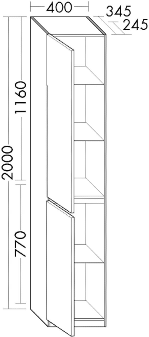 Hochschrank, 2 Türen;3 Glaseinlegeböden;1 fester Boden;mit Sockelleiste, Tiefe: 345 mm, Breite: 400 mm, Höhe: 2000 mm Hochschrank, 2 Türen;3 Glaseinlegeböden;1 fester Boden;mit Sockelleiste, Tiefe: 345 mm, Breite: 400 mm, Höhe: 2000 mm