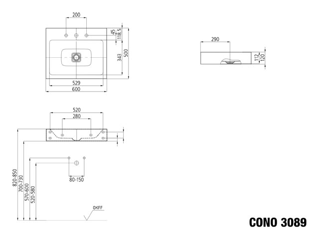 Doppelwaschtisch „Cono“ 60 × 50 cm, mittig, ohne Überlauf, ohne Hahnlochbohrung in alpinweiß mit Perl-Effekt