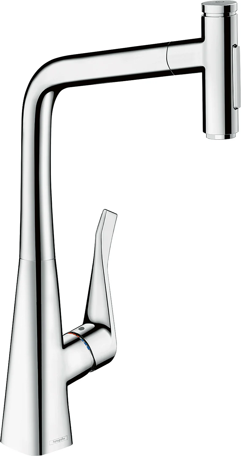 Hansgrohe Metris Select M71 Küchenmischer 320, Ausziehbrause 2-Jet Chrom, Schwenkbereich 110° oder 150°, Laminarstrahl und Brausestrahl, MagFit magnetische Halterung, max. Durchfluss 8 l/min, Keramikmischsystem, für Durchlauferhitzer geeignet