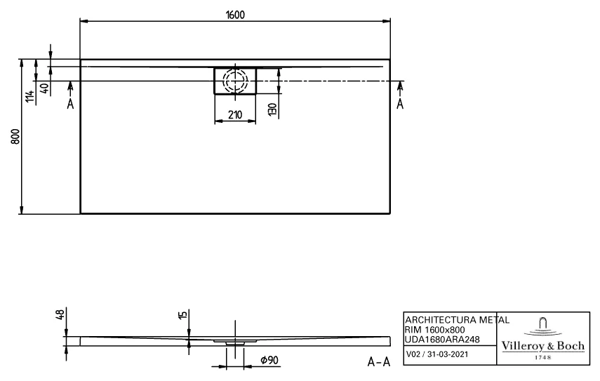Villeroy & Boch rechteck Duschwanne „Architectura MetalRim“ 160 × 80 cm mit Antirutsch (VILBOgrip), in Weiß Alpin