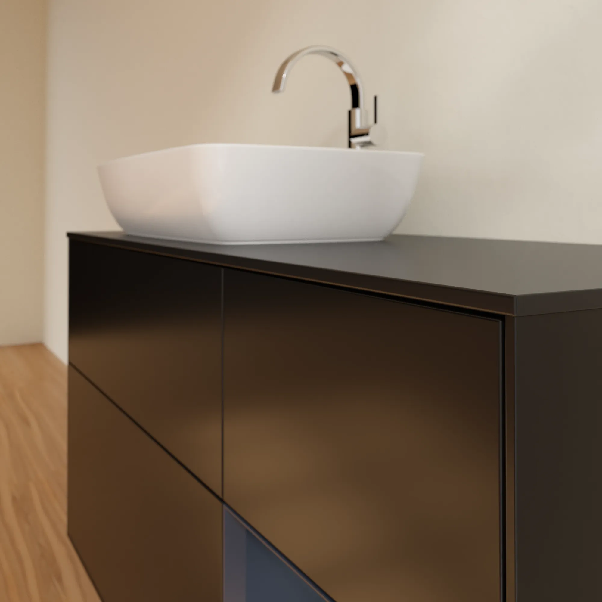 Villeroy & Boch Waschtischunterschrank „Finion“ für Schrankwaschtisch 1200 × 603 × 501 mm Black Matt Lacquer, für Becken links Villeroy & Boch Waschtischunterschrank „Finion“ für Schrankwaschtisch 1200 × 603 × 501 mm Black Matt Lacquer, für Becken links