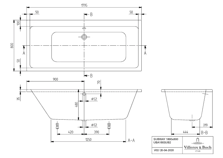 Villeroy & Boch Whirlwanne „Subway“ mit Whirlsystem „Airpool Comfort“ rechteck 180 × 80 cm
