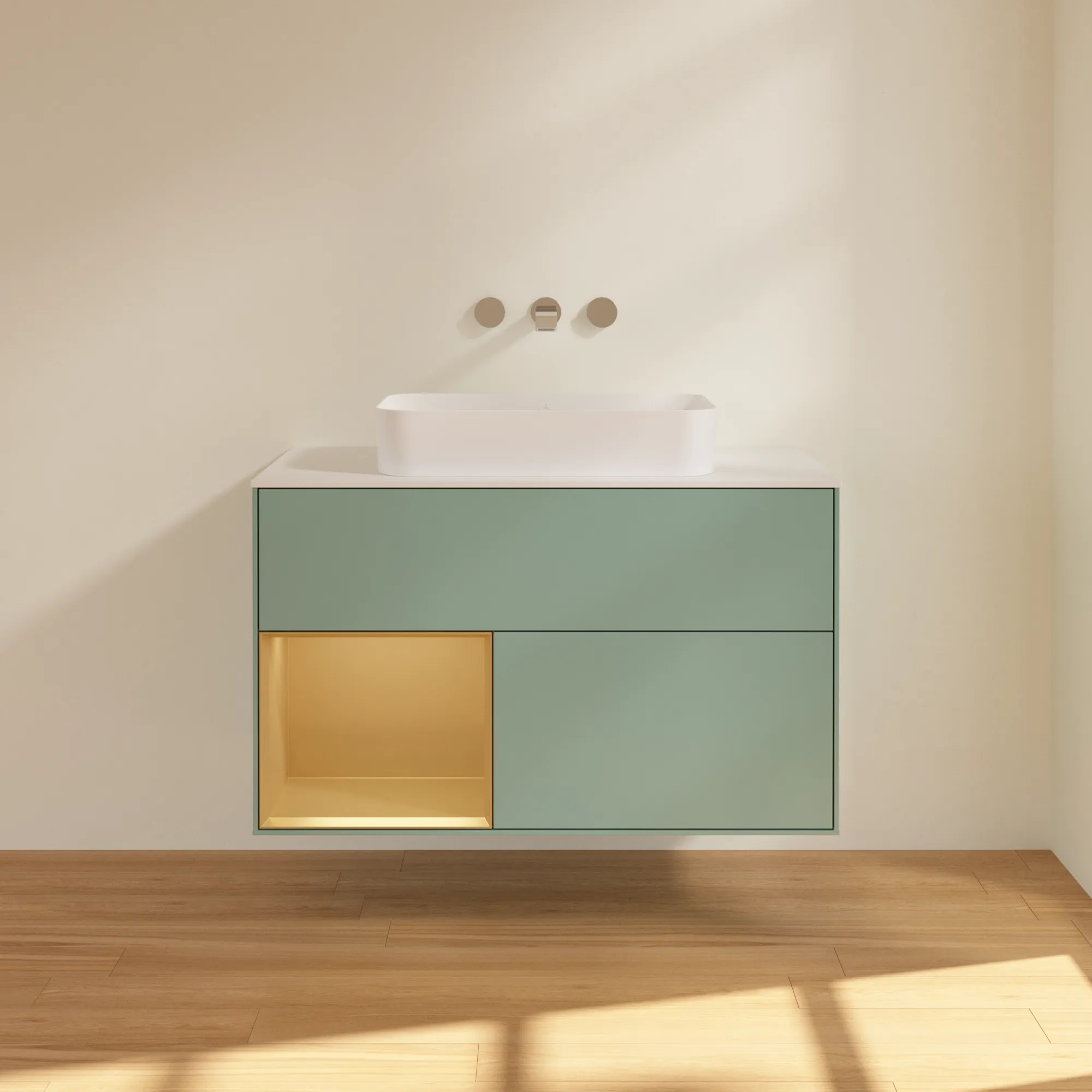 Villeroy & Boch Waschtischunterschrank „Finion“ für Schrankwaschtisch 1000 × 603 × 501 mm Olive Matt Lacquer, ohne Hahnlochbohrung, für Becken mittig Villeroy & Boch Waschtischunterschrank „Finion“ für Schrankwaschtisch 1000 × 603 × 501 mm Olive Matt Lacquer, ohne Hahnlochbohrung, für Becken mittig