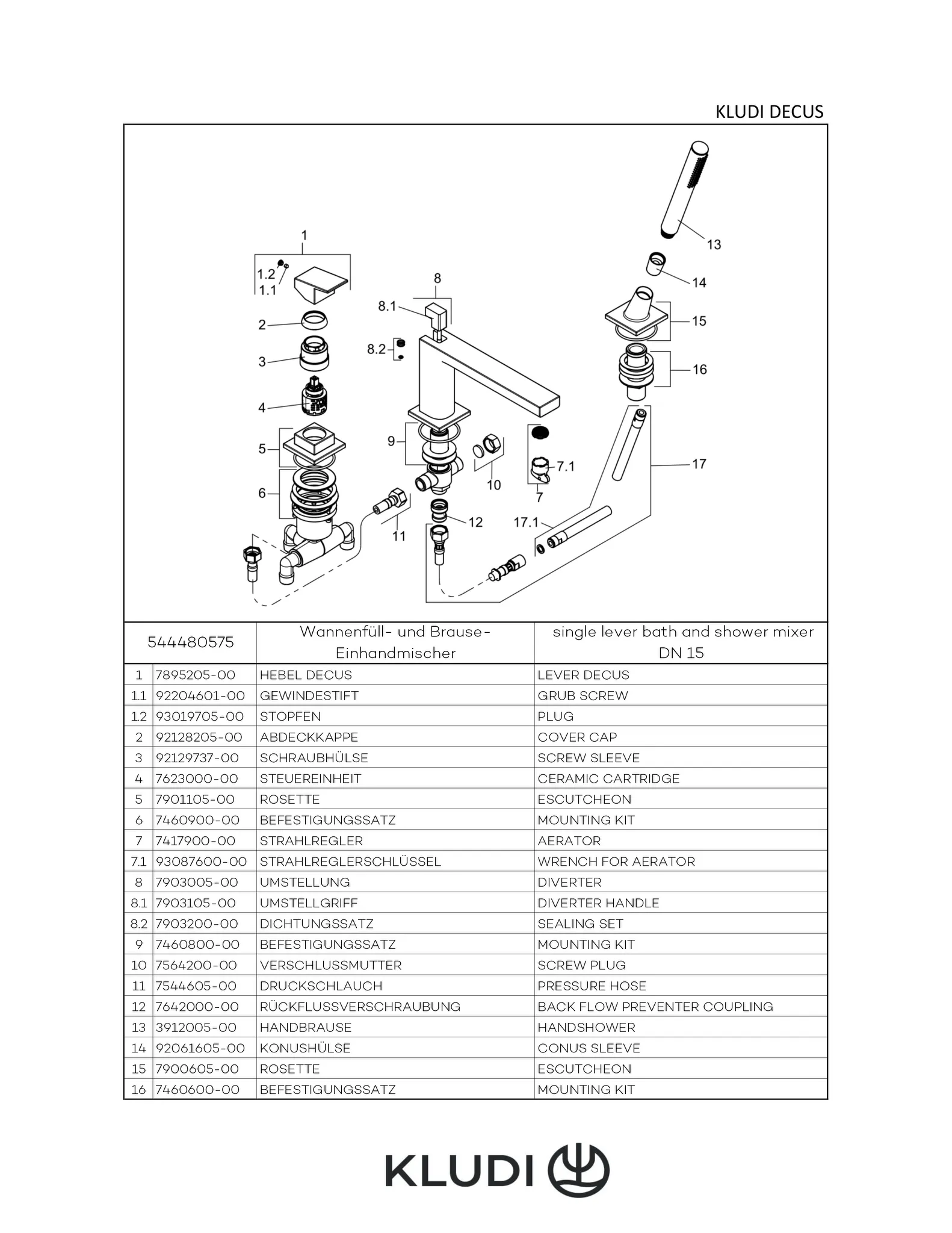 Kludi-DECUS Wannenfüll- und Brause-Einhebelmischer Chrom, 3-Loch Montage, herausziehbare Brause, automatische Umstellung, DN 15 Kludi-DECUS Wannenfüll- und Brause-Einhebelmischer Chrom, 3-Loch Montage, herausziehbare Brause, automatische Umstellung, DN 15