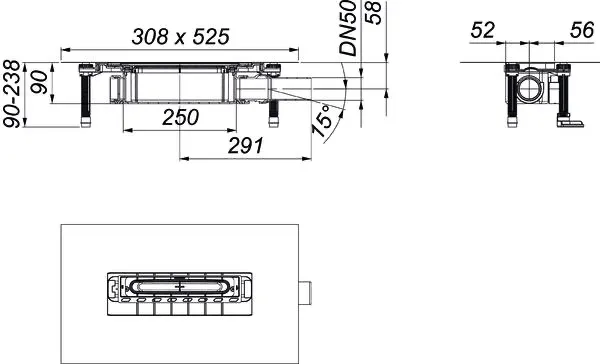 Dallmer Ablaufgehäuse zum Einbau mit Duschrinnen CeraFloor, CeraWall, CeraFrame Individual, Zentrix, CeraNiveau und CeraFrame Liquid „DallFlex“ Modell 570000