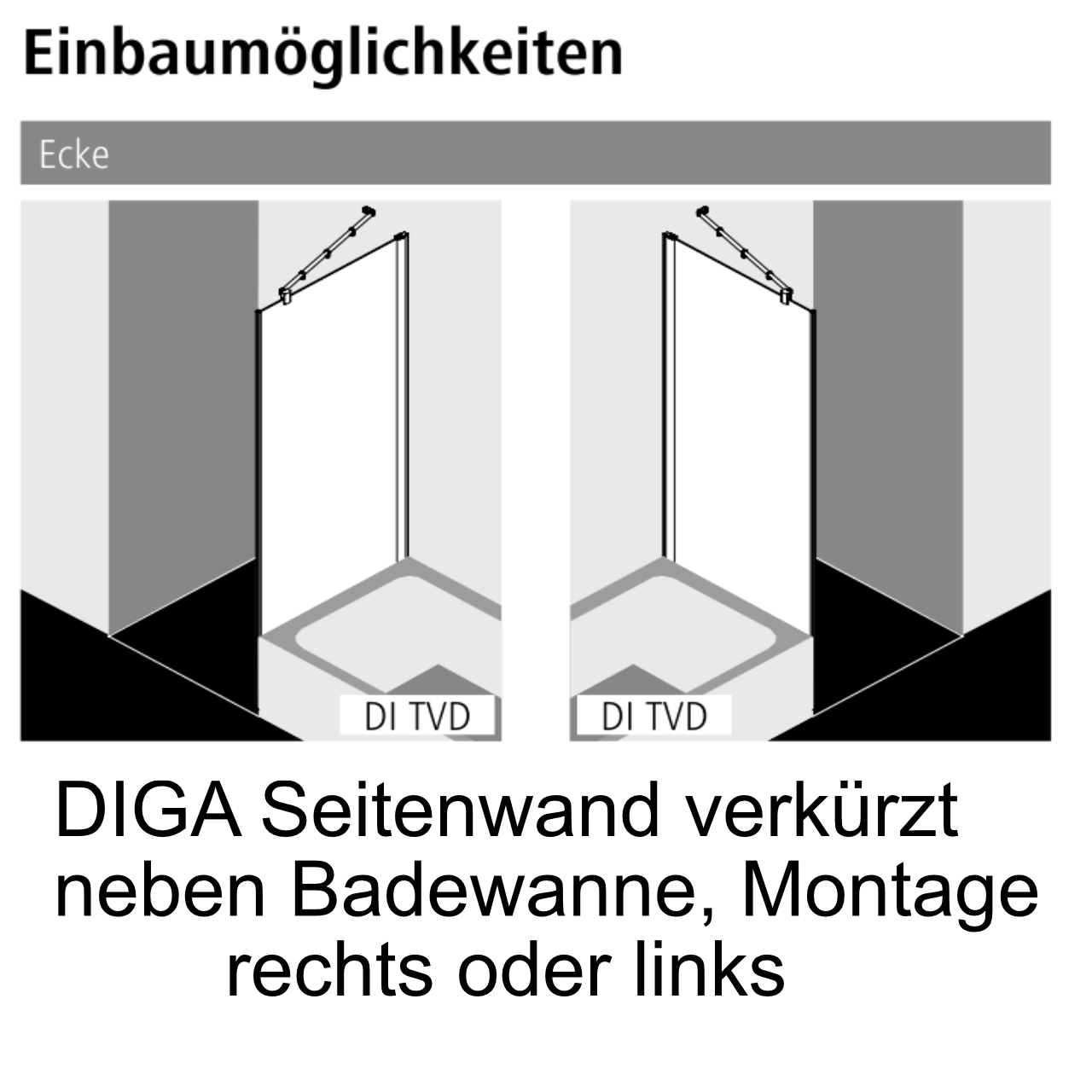 Kermi verkürzte Seitenwand neben Badewanne für Ecke „Diga“ Glas Klar, BV: 980 - 1000 mm WE: 990 - 1010 mm H: 1750 mm