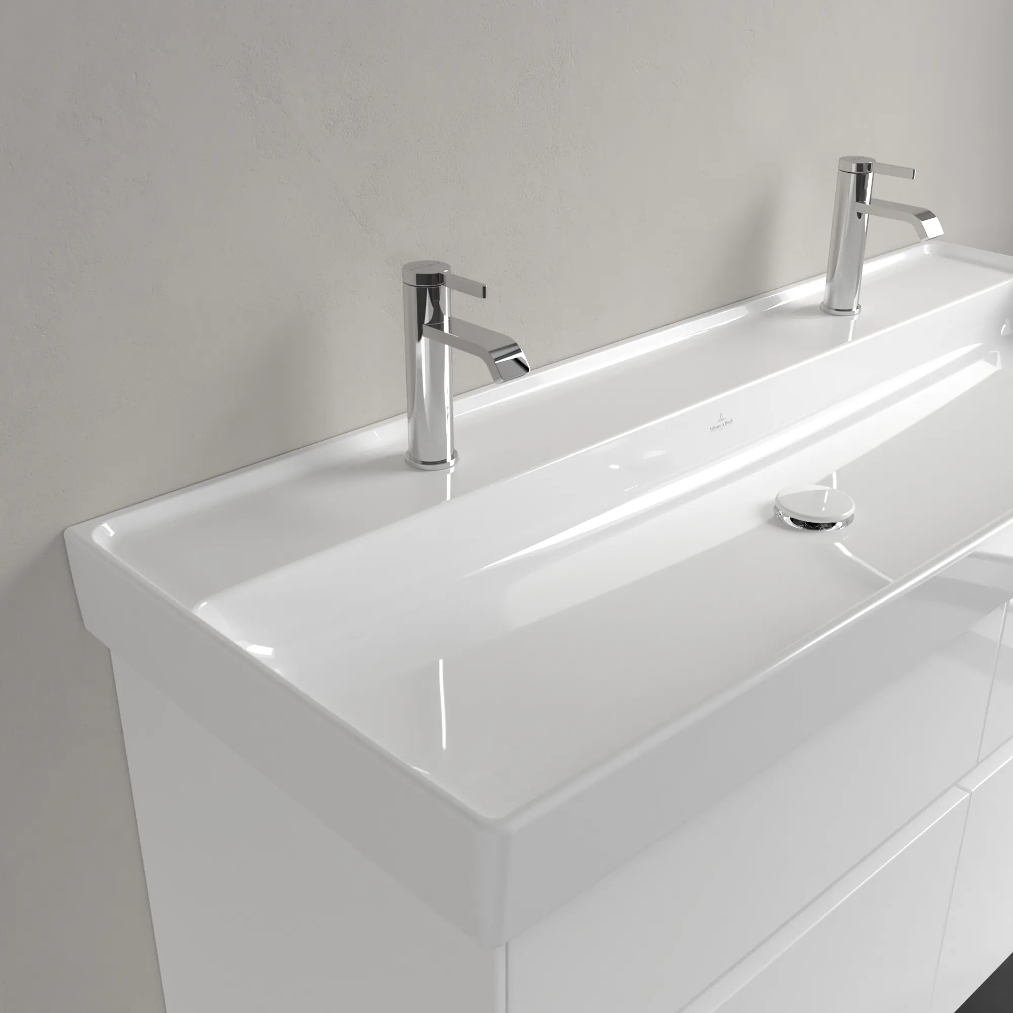 Villeroy & Boch Schrankwaschtisch aus TitanCeram „Collaro“ 1200 × 470 × 160 mm, Hahnlochposition links und rechts, mit Hahnlochbohrung in Weiß Alpin Villeroy & Boch Schrankwaschtisch aus TitanCeram „Collaro“ 1200 × 470 × 160 mm, Hahnlochposition links und rechts, mit Hahnlochbohrung in Weiß Alpin