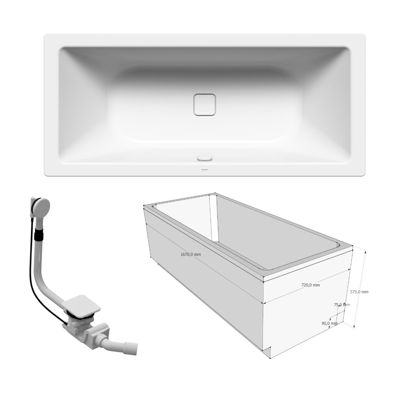 Set-Badewanne Conoduo Badewanne 170 × 75 cm mit Perl-Effekt inklusive Träger und Ablauf mit emaillierter Abdeckung in weiß