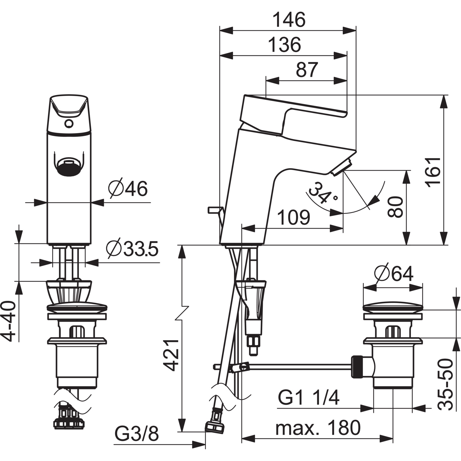EHM Waschtischbatterie VANTIS 5240 Ablaufgarnitur mit Zugstange Ausladung 109 mm Chrom