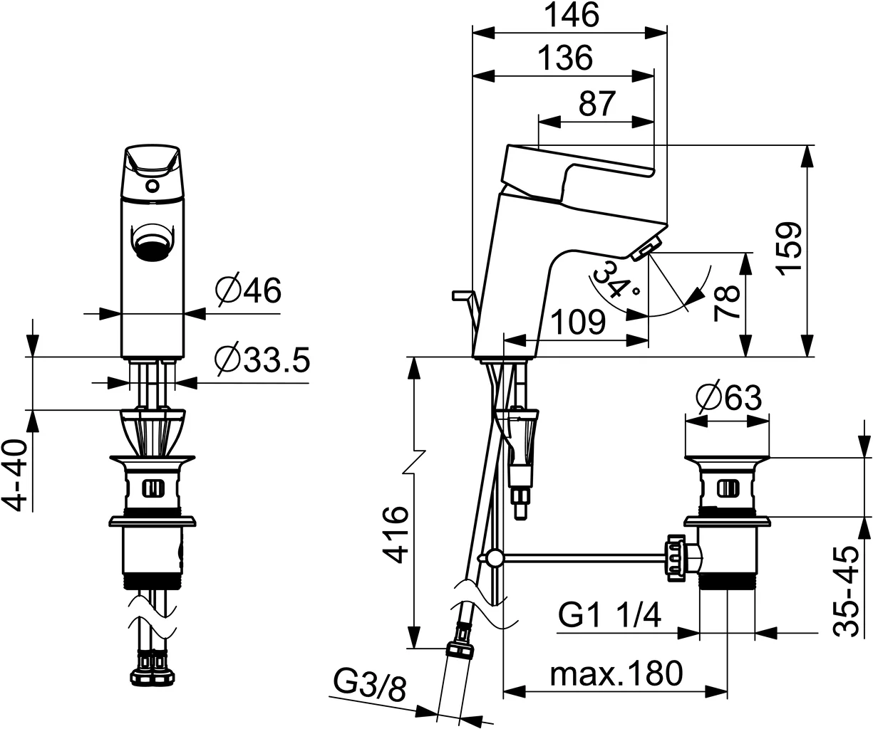 HansaVANTIS Waschtischarmatur Hansavantis 2022 EHM WT-Batt. HansaVANTIS 5240 Zugst.Ablgarn. Ausld. 109 mm chr
