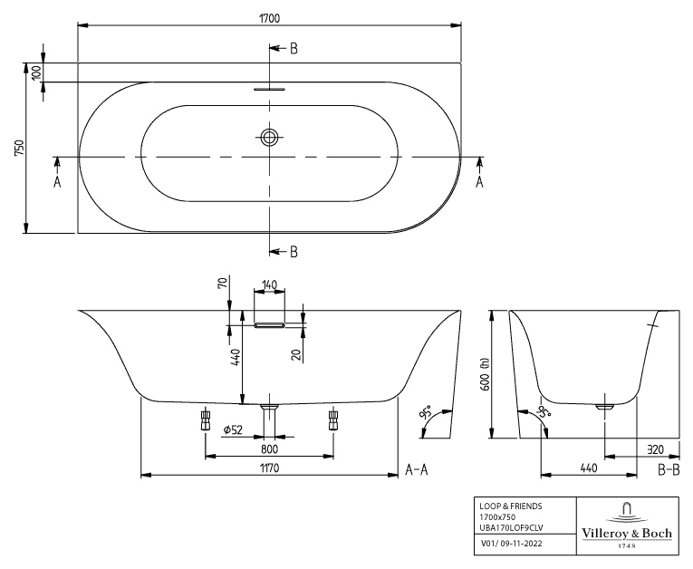 Villeroy & Boch Badewanne mit ovaler Innenform „Loop & Friends“ vorwand oval 170 × 75 cm, links in Weiß Alpin