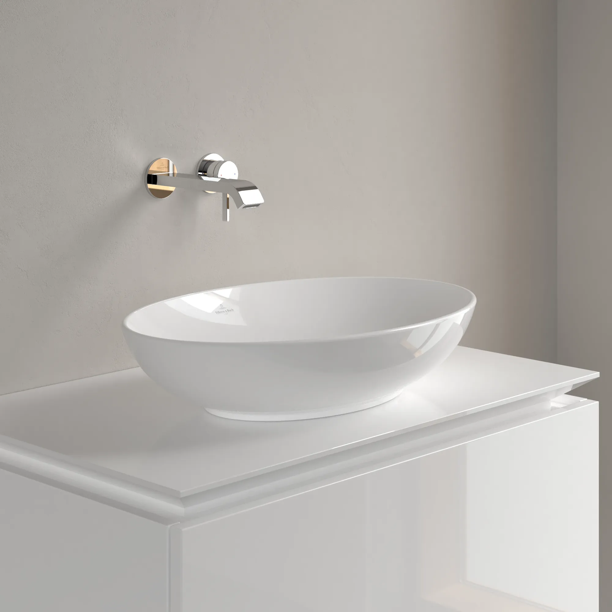 Villeroy & Boch Aufsatzwaschtisch aus TitanCeram „Loop & Friends“ 560 × 380 × 150 mm, ohne Hahnlochbohrung in Weiß Alpin