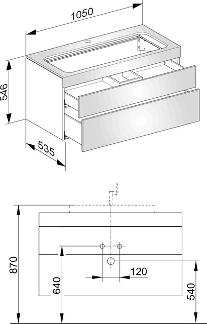Edition 400 Waschtischunterbau m. Hahnlochbohrung, 2 Auszüge 1050 x 546 x 535 mm weiß/Glas weiß satiniert Waschtischunterbau Edition 400 31582, Hahnloch, weiß/Glas weiß satiniert