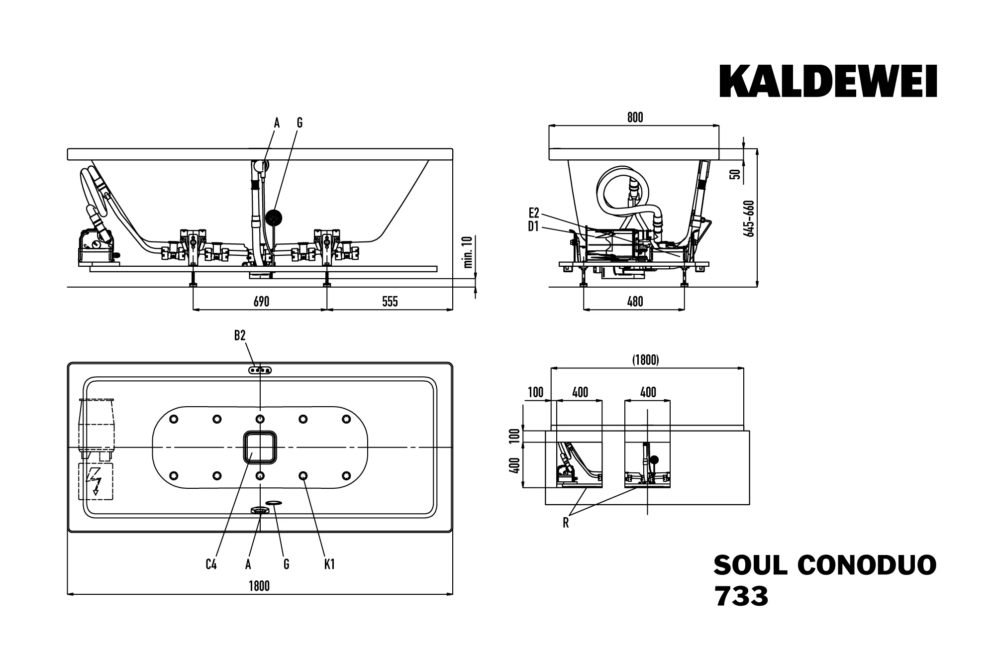 Kaldewei CONODUO Whirlwanne 1800x800 mm, alpinweiß, mit Airmassage SOUL, verchromte Sichtteile