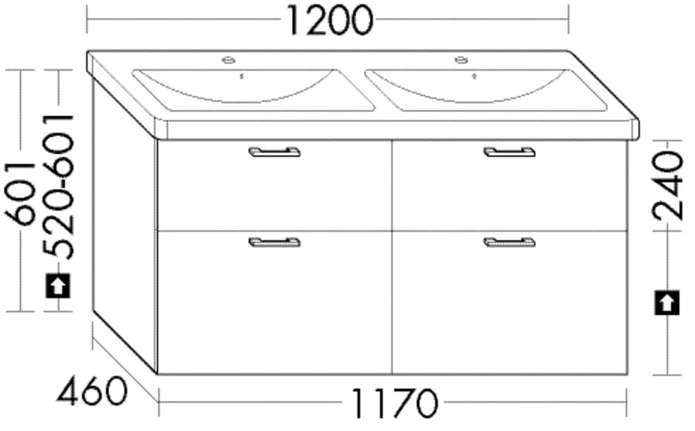Waschtischunterschrank Sys30 von burgbad - 1.170 mm breit, 460 mm tief, 601 mm hoch, 1 Schublade oben, 1 Auszug unten, 300 mm Einbautiefe