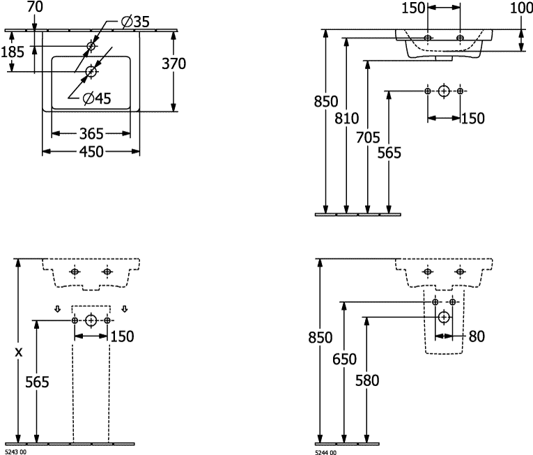 Villeroy & Boch Handwaschbecken für Montage mit Möbel „Subway 3.0“ 450 × 370 × 145 mm, mit Hahnlochbohrung, Hahnlochposition mittig in Weiß Alpin Villeroy & Boch Handwaschbecken für Montage mit Möbel „Subway 3.0“ 450 × 370 × 145 mm, mit Hahnlochbohrung, Hahnlochposition mittig in Weiß Alpin
