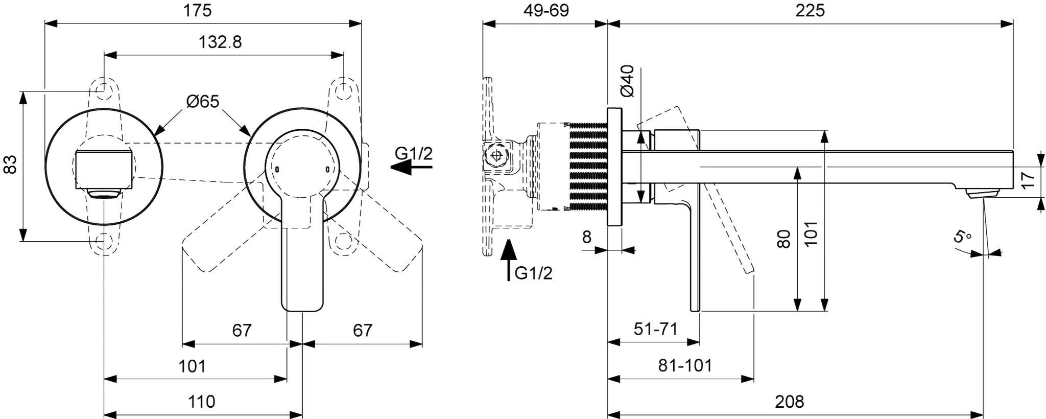 Villeroy & Boch Einhebel-Waschtischarmatur Architectura, rund, verchromt, 110 x 225 x 112,5 mm, Comfortstrahl mit AirPlus und AquaSmart, Wandmontage