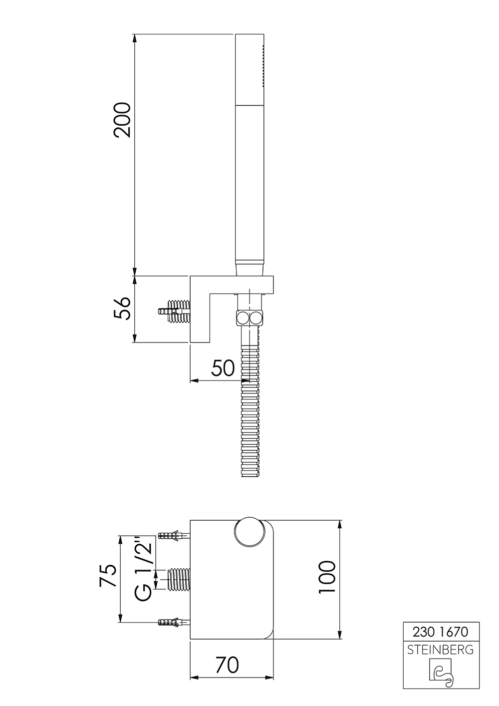 Serie 230 Handbrausegarnitur mit integriertem Brauseanschlussbogen 1/2 und Stabhandbrause