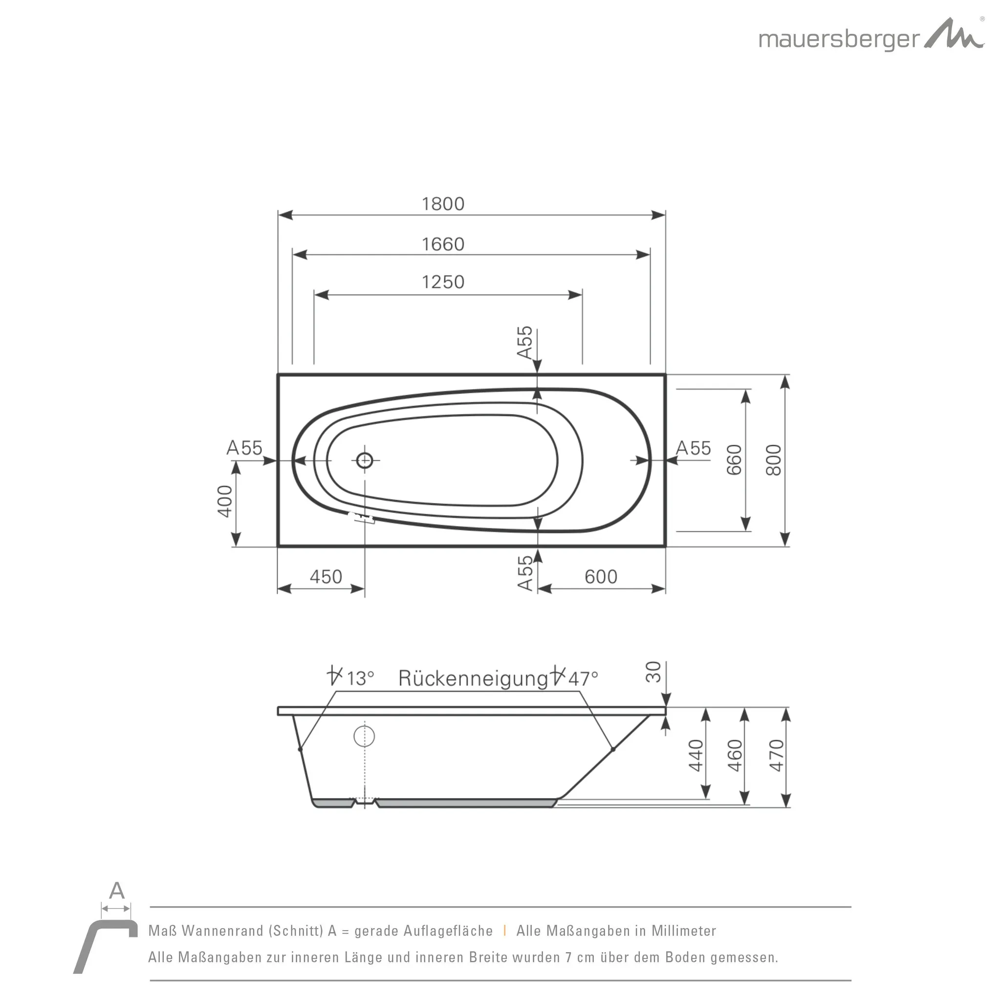 Mauersberger pilosa Acryl-Badewanne Rechteckform pilosa 180⁄80, rein-weiß