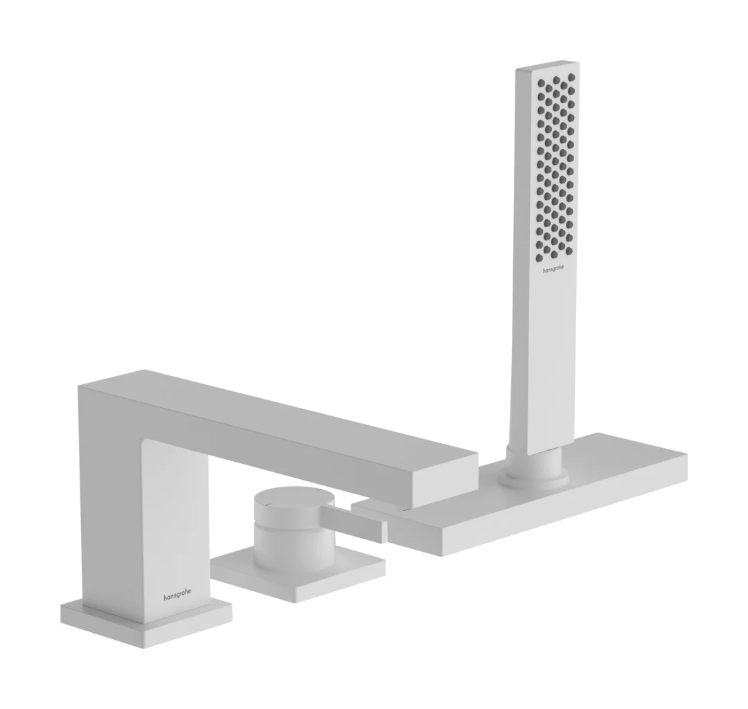 Hansgrohe Tecturis E 3-Loch Einhebel-Wannenrandmischer Mattweiß, Ausladung 206 mm, mit sBox und Handbrause PowderRain Hansgrohe Tecturis E 3-Loch Einhebel-Wannenrandmischer Mattweiß, Ausladung 206 mm, mit sBox und Handbrause PowderRain