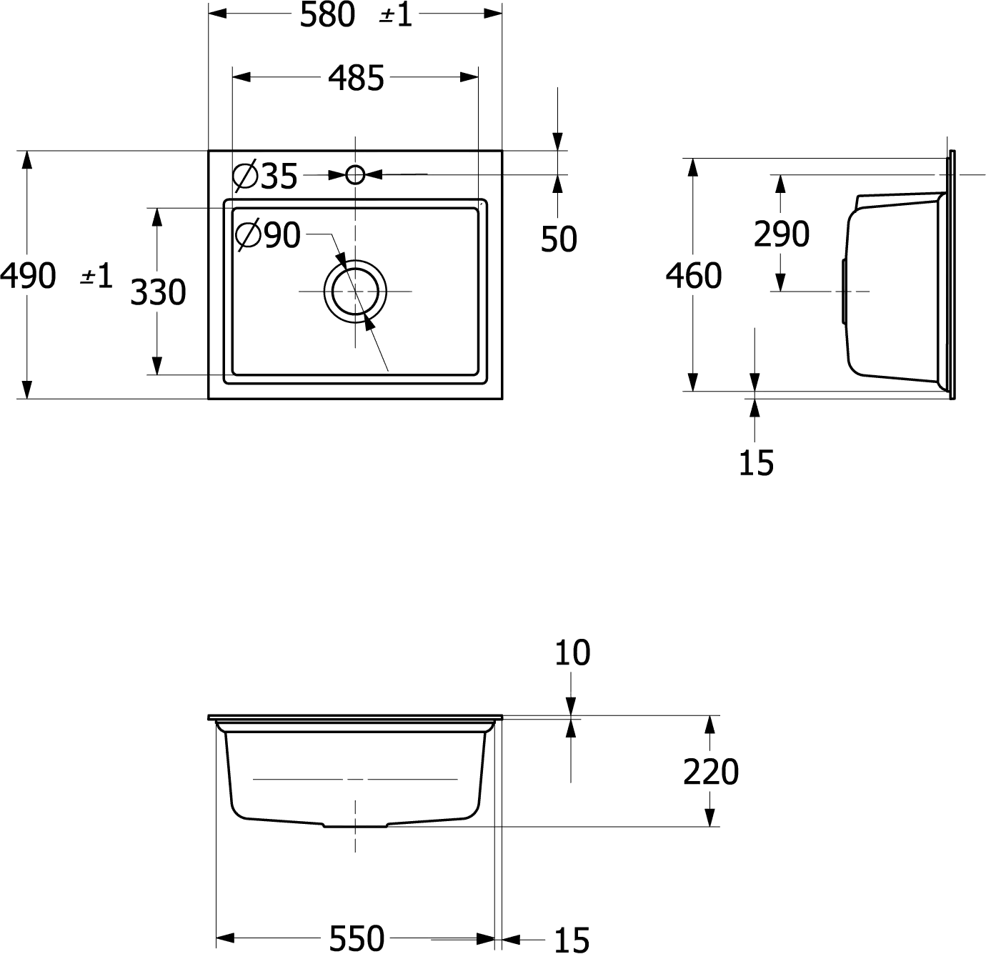 Villeroy & Boch flächenbündiges Küchenspülbecken „Subway Style“ 60 S flat 600 × 510 × 220 mm, für Becken rechts in Weiß Alpin