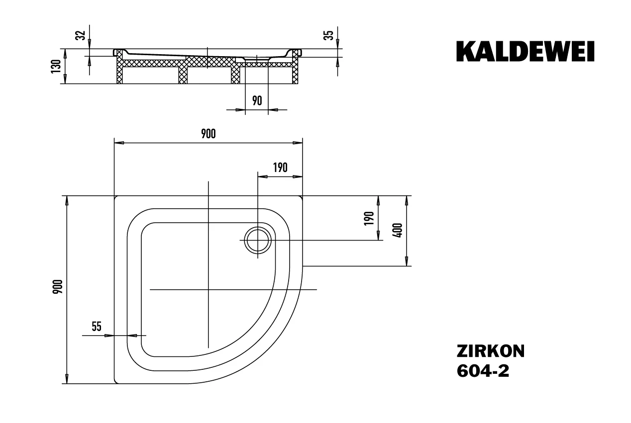 Kaldewei ZIRKON MIT WANNENTRÄGER Duschfläche, 900x900x35 mm, cool grey 80, Viertelkreisform, erhöhter Einbau, Eckablauf