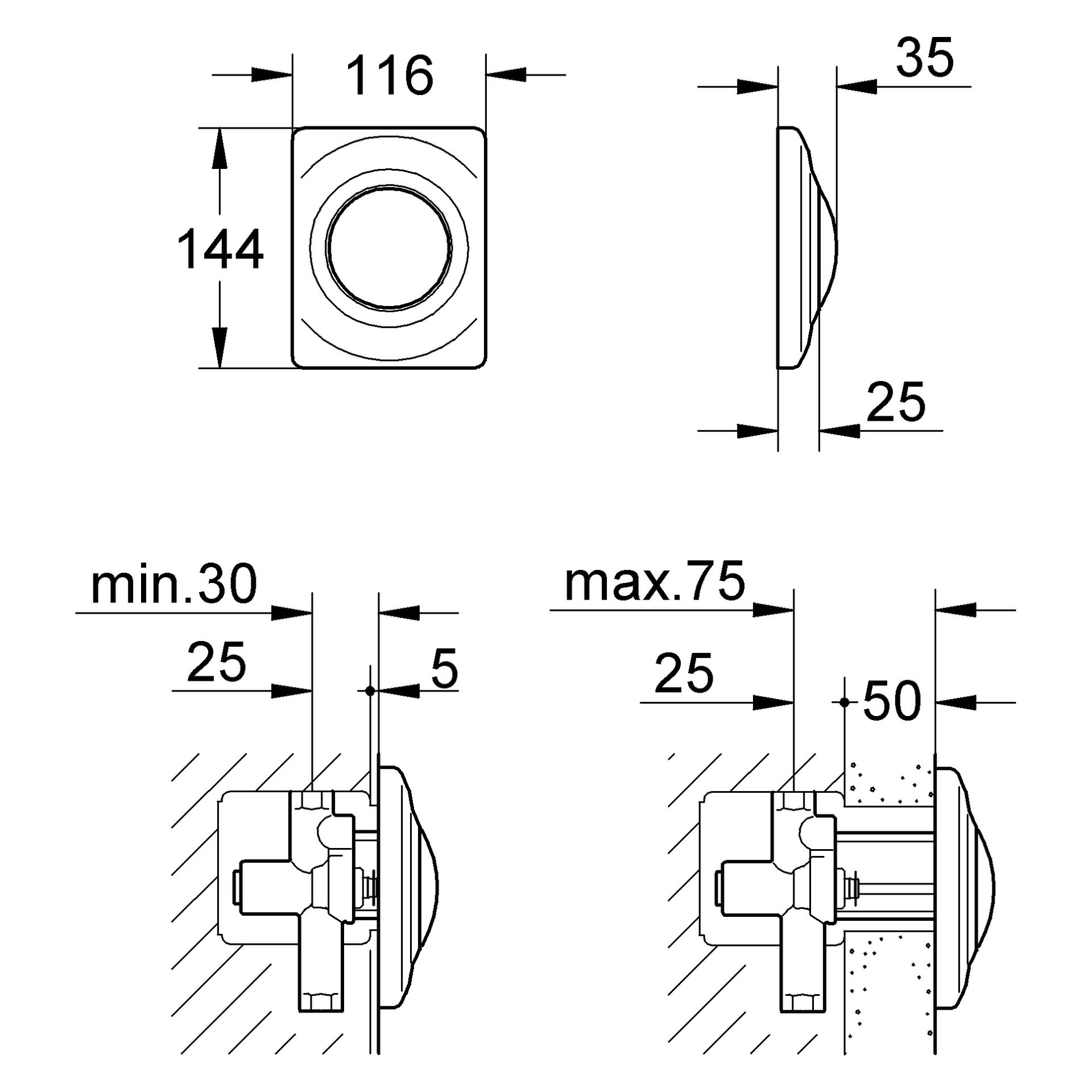 Urinal-Betätigung Surf 37018, 116 × 144 mm, mit Druckknopfbetätigung, chrom