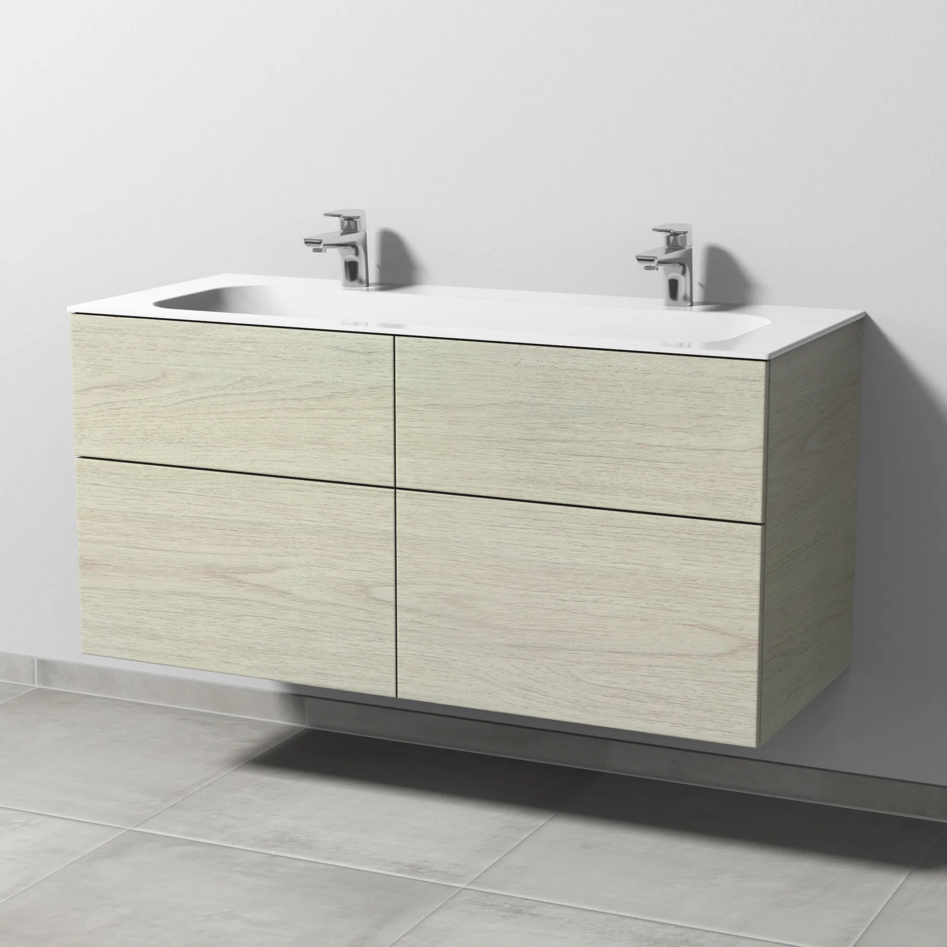 Keramik-Waschtisch-Set mit Waschtischunterschrank „3way“ 119 × 49,7 × 58,2 cm in White Oak, mit Hahnlochbohrung, Becken mittig