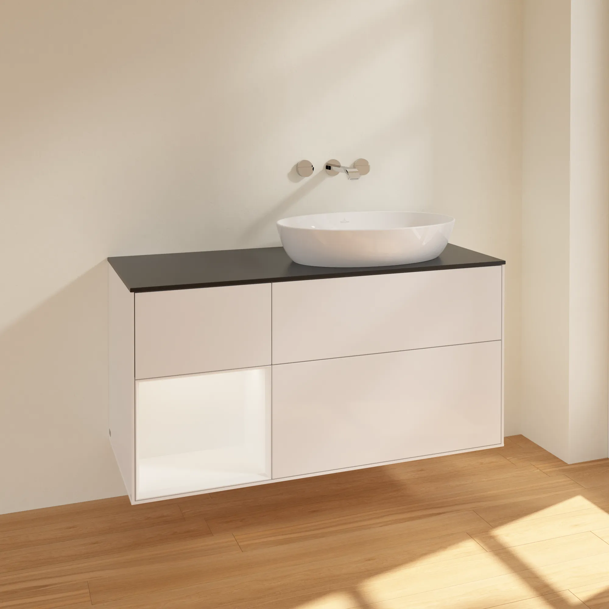 Villeroy & Boch Finion FA4 Waschbeckenunterschrank, 1200x603x501mm, Glossy White Lacquer/White Matt Lacquer/Glass Black Matt