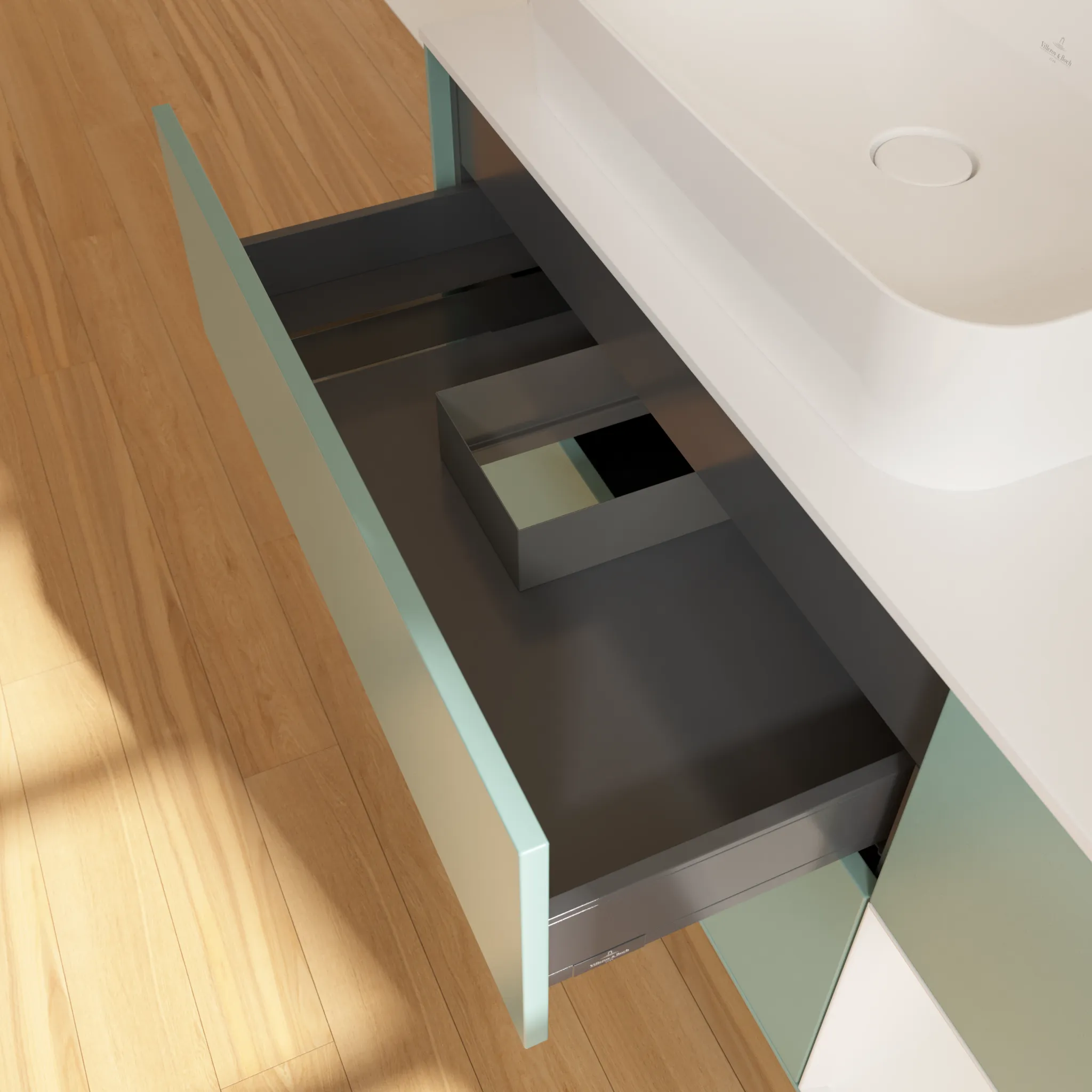 Villeroy & Boch Waschtischunterschrank „Finion“ für Schrankwaschtisch 1200 × 603 × 501 mm Olive Matt Lacquer, für Becken links Villeroy & Boch Waschtischunterschrank „Finion“ für Schrankwaschtisch 1200 × 603 × 501 mm Olive Matt Lacquer, für Becken links