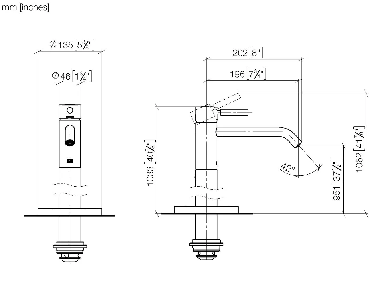 Dornbracht META Waschtisch-Einhandbatterie mit Standrohr ohne Ablaufgarnitur - Chrom, Ausladung 196 mm, starrer Auslauf, runder luftangereicherter Strahl, Höhe gesamt 1033-1103 mm Dornbracht META Waschtisch-Einhandbatterie mit Standrohr ohne Ablaufgarnitur - Chrom, Ausladung 196 mm, starrer Auslauf, runder luftangereicherter Strahl, Höhe gesamt 1033-1103 mm