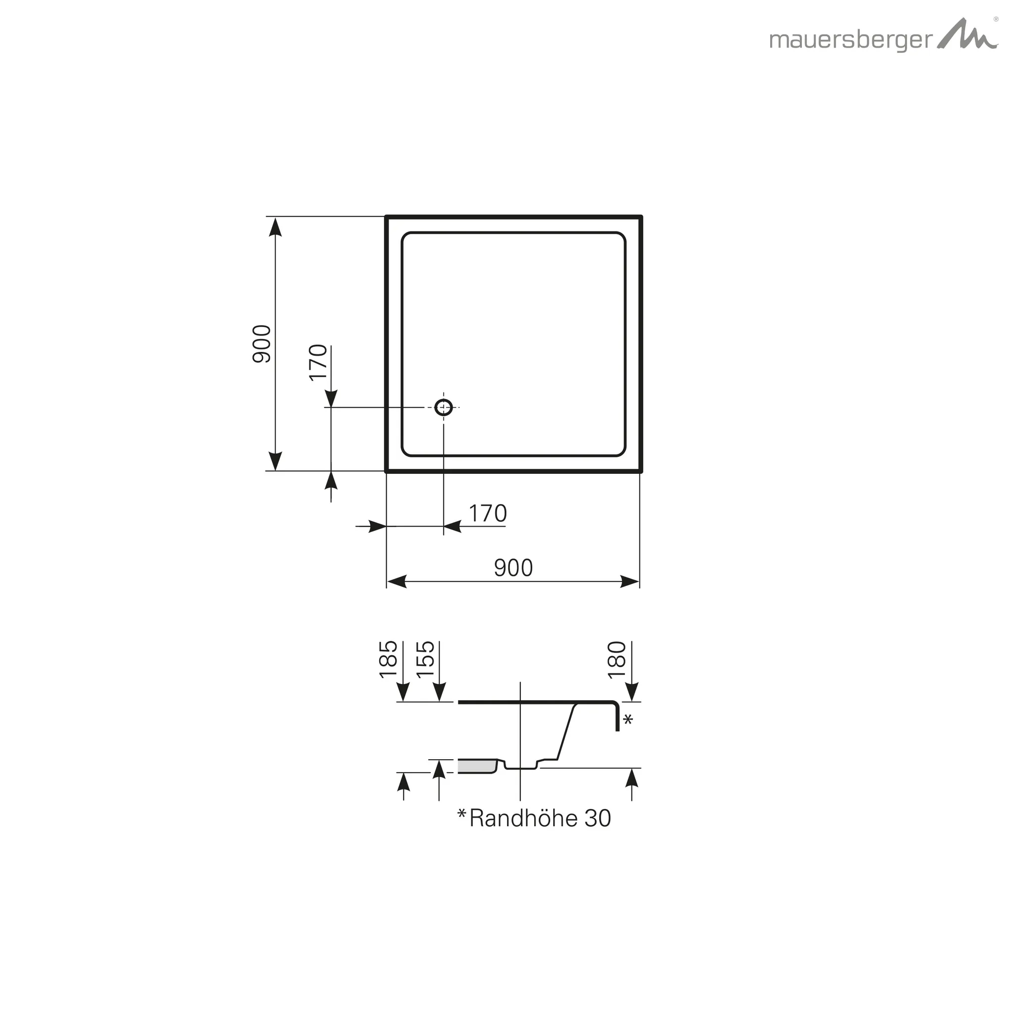 Mauersberger Acryl-Duschwanne localis 90⁄90 tief, 900x900x185, weiß