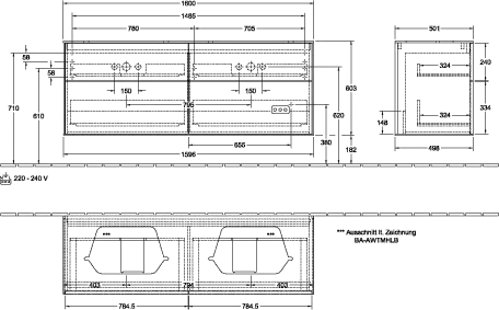 Villeroy & Boch Waschtischunterschrank „Finion“ für Schrankwaschtisch 1600 × 603 × 501 mm Silk Grey Matt Lacquer, für links und rechts