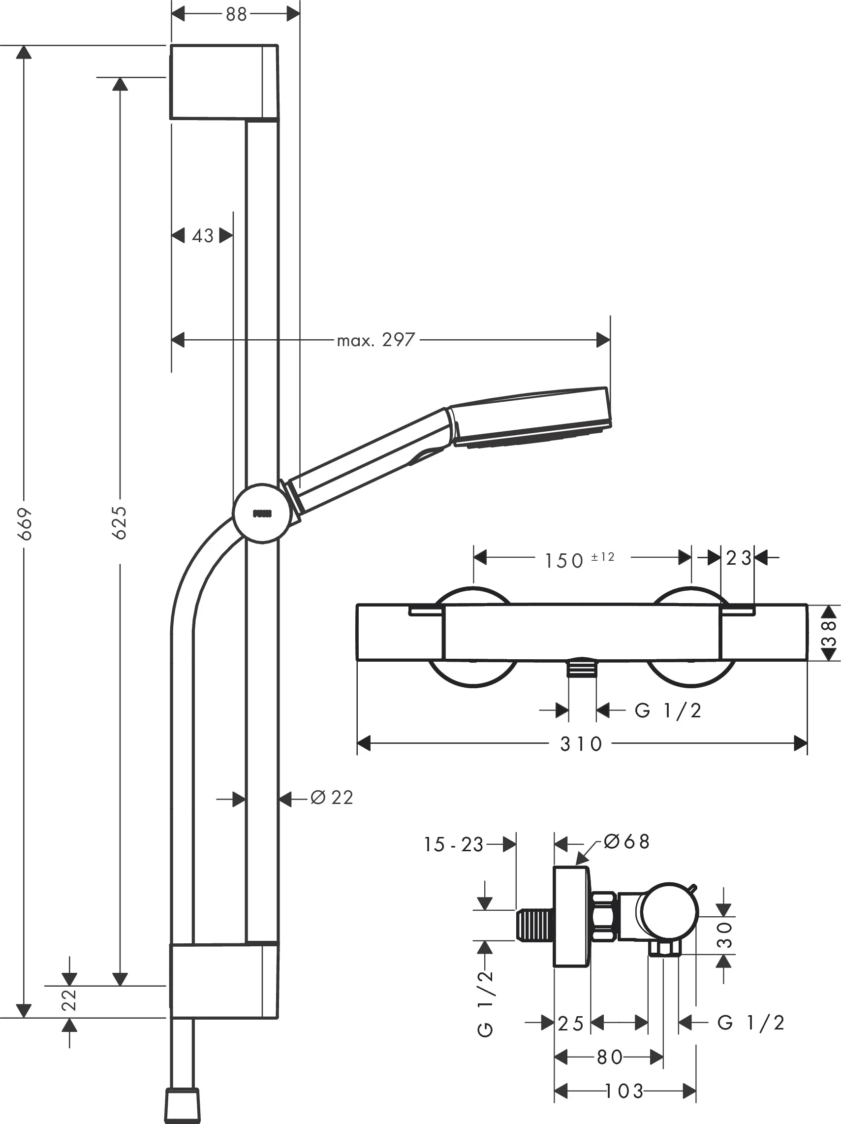 Hansgrohe Pulsify Select S Brausesystem mit Ecostat Fine Thermostat, 105 mm Brausekopf, 3 Strahlarten, Chrom, 65 cm Brausestange