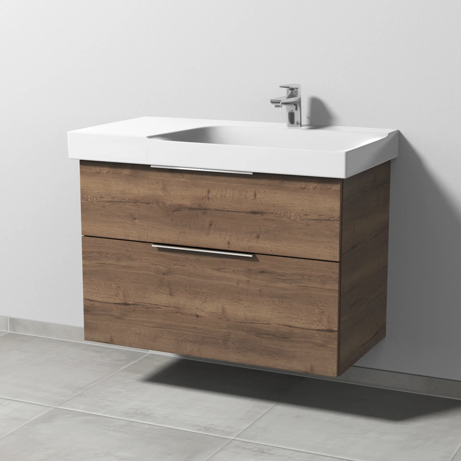 Sanipa Waschtischunterschrank „3way“ passend zu Keramik-Waschtische Xeno2 von Geberit 850 × 593 × 452 mm in Eiche Tabak, Becken rechts