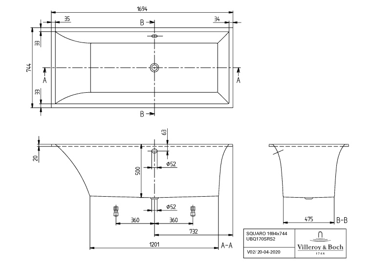 Villeroy & Boch Whirlsystem „Squaro Slim Line“ mit Whirlsystem „Airpool Entry“ rechteck 169,4 × 74,4 cm, rechteckig 