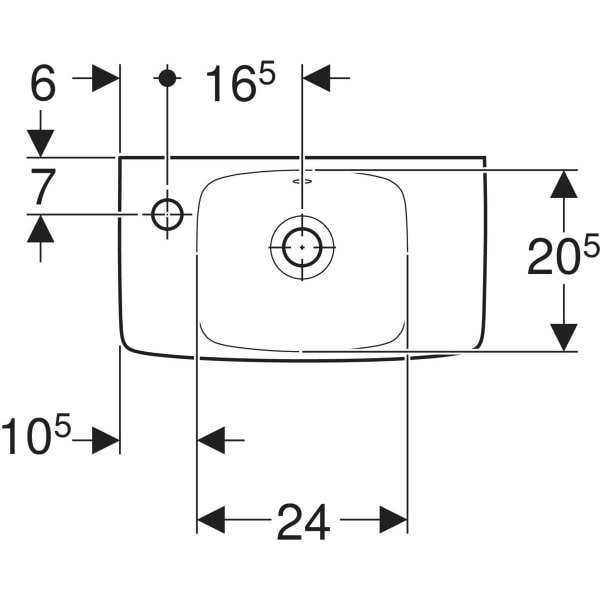 Wandwaschtisch mit Ablagefläche „Renova Compact“, rechteckig, mit Überlauf, Hahnlochposition links, Ablagefläche rechts 45 × 25 cm in weiß alpin