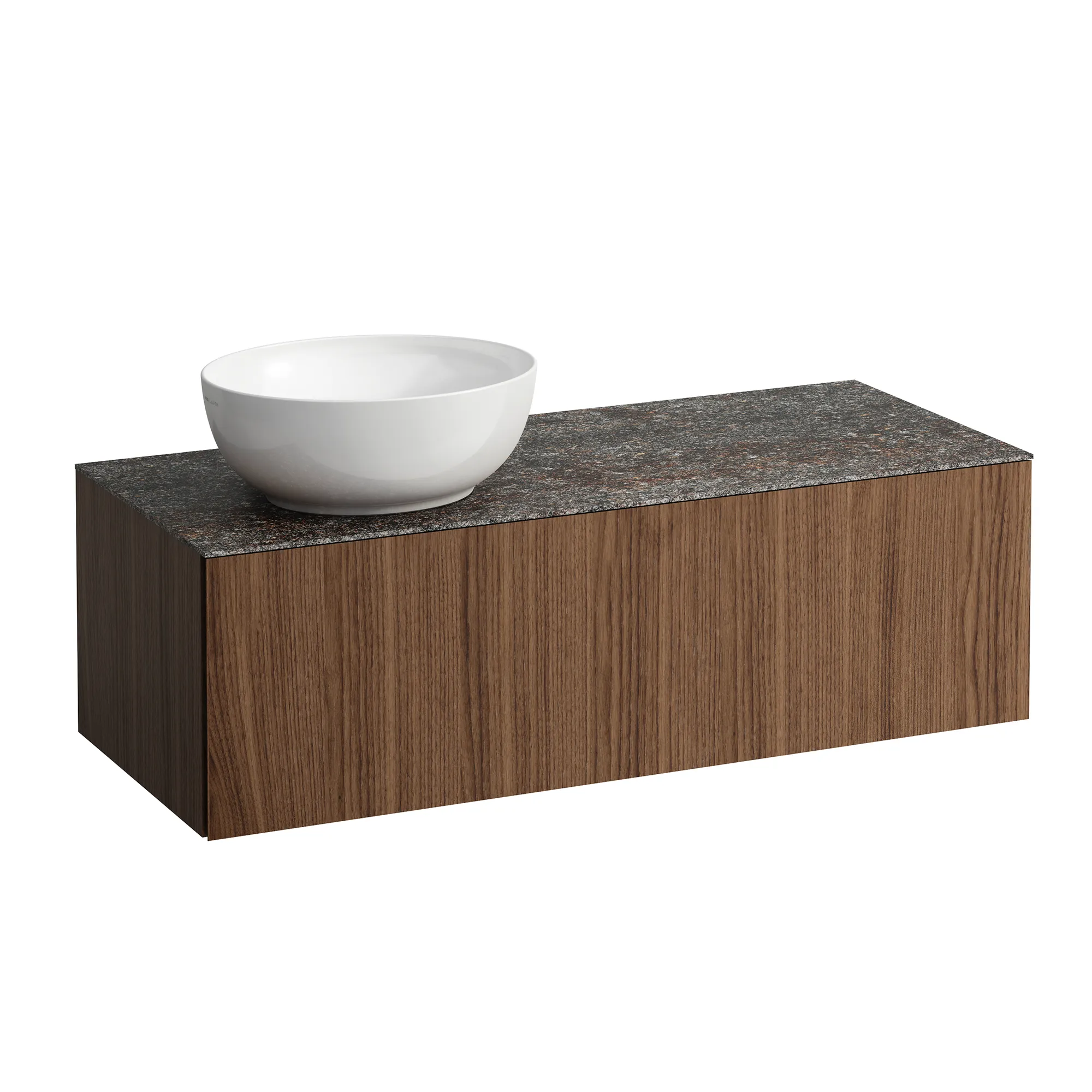 Schubladenelement (Waschtischunterbau+Waschtischplatte) ILBAGNOALESSI 500x1200x370 1 Schublade integrierte versteckte Griffe seitlich Vollauszug Soft-Close Ausschnitt links Marrone Naturale Top passend zu Waschtisch H818975/6 H818977/8 Weiß matt