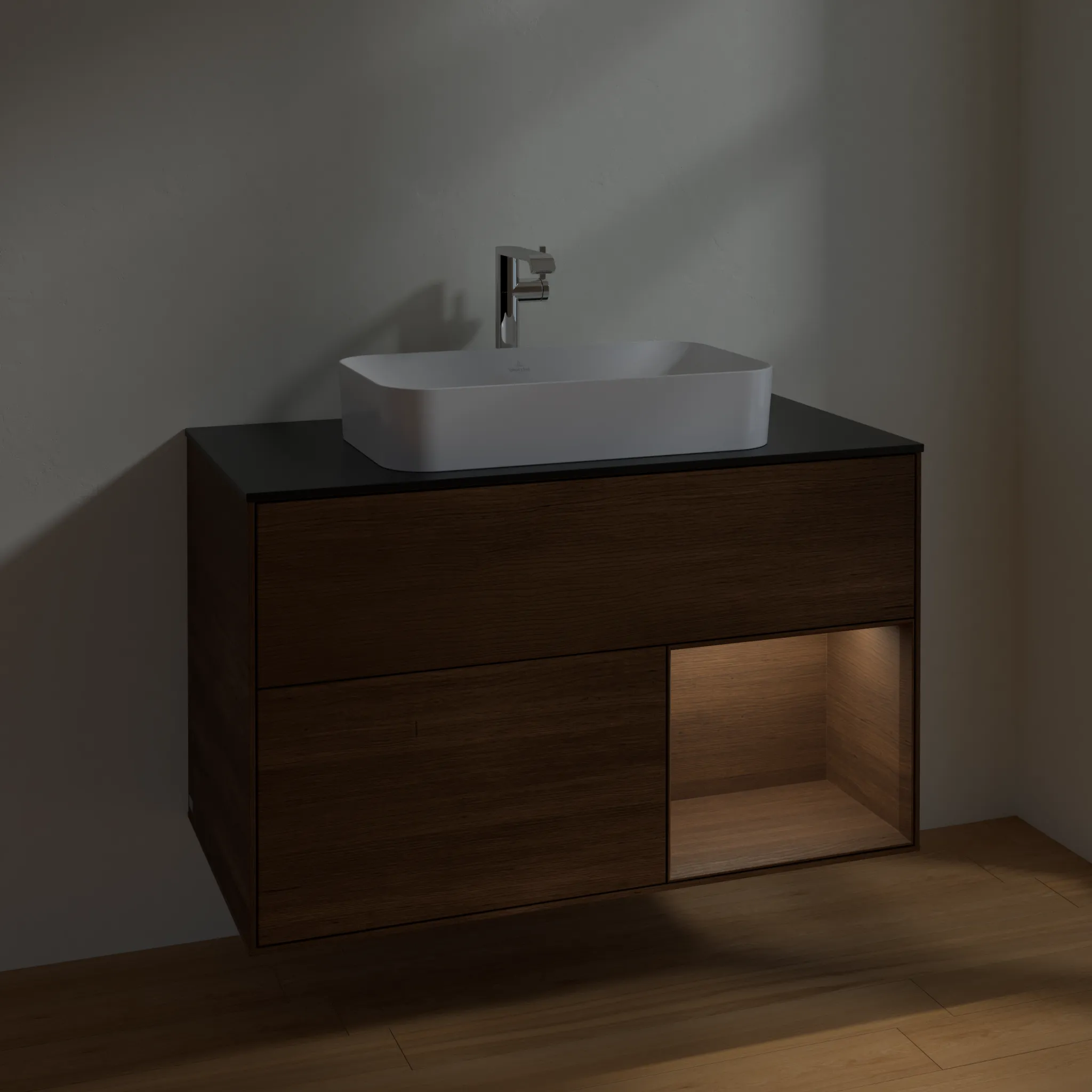 Villeroy & Boch Waschtischunterschrank „Finion“ für Schrankwaschtisch 1000 × 603 × 501 mm Walnut Veneer, mit Hahnlochbohrung, für Becken mittig