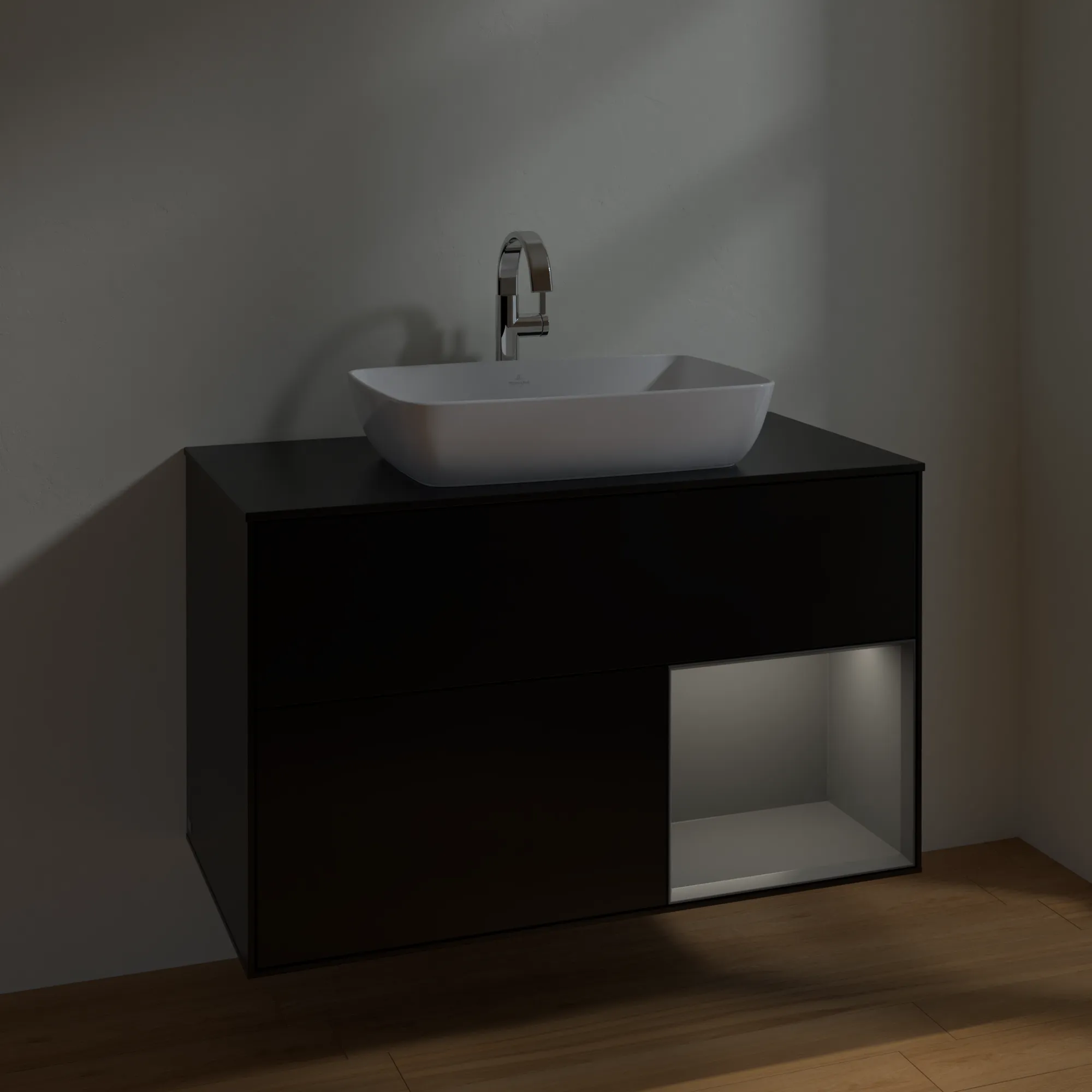 Villeroy & Boch Waschbeckenunterschrank Finion F78, 1000 x 603 x 501 mm, Black Matt Lacquer, mit Beleuchtung und Push-to-open Funktion