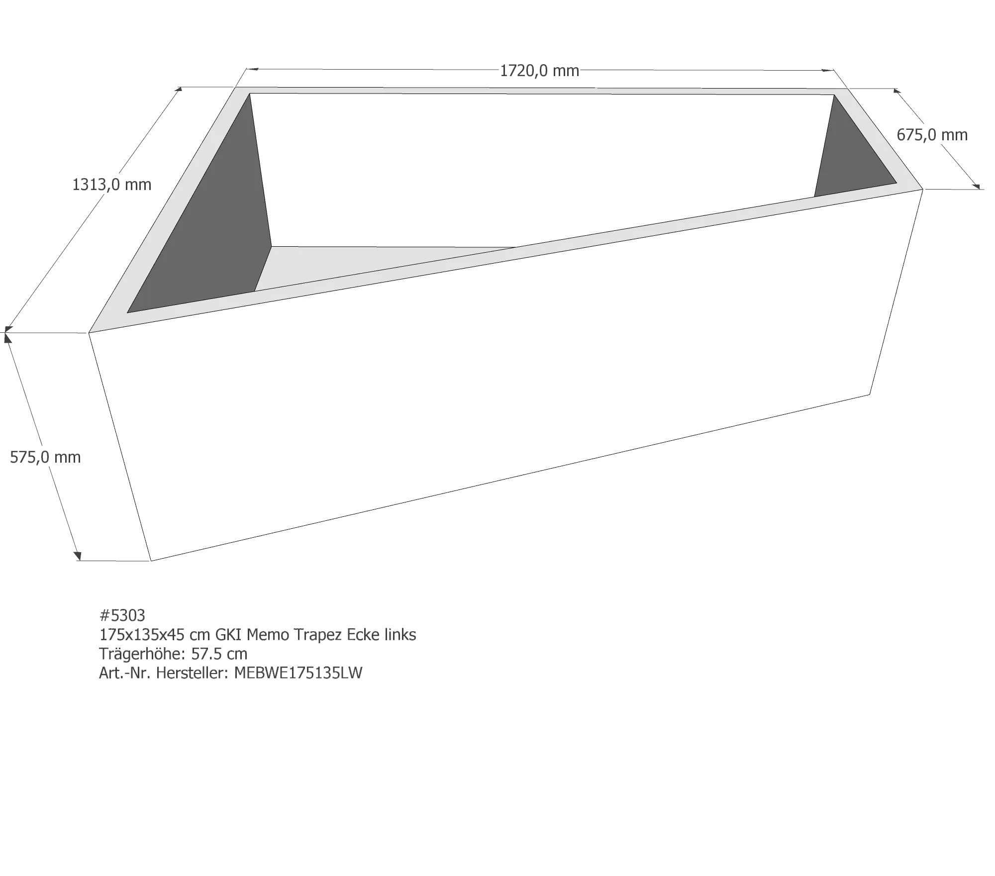 Duschwannenträger für GKI Memo Trapez Ecke links links 175 × 135 × 45 cm