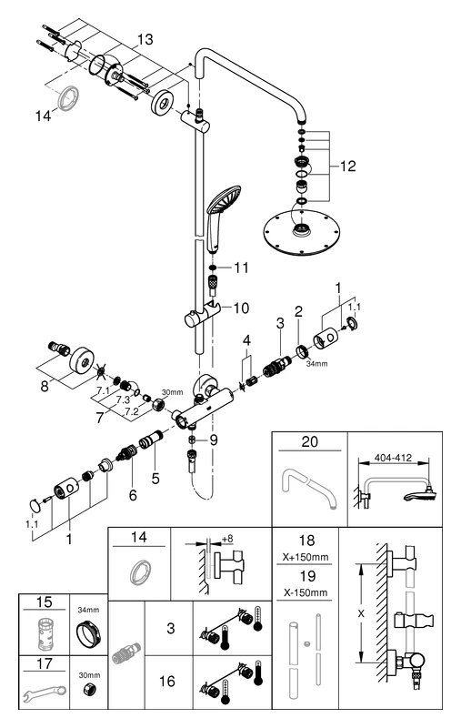 Duschsystem Euphoria System 210 27964, mit Aufputz-Thermostatbatterie, Wandmontage, 450 mm Duscharm, chrom