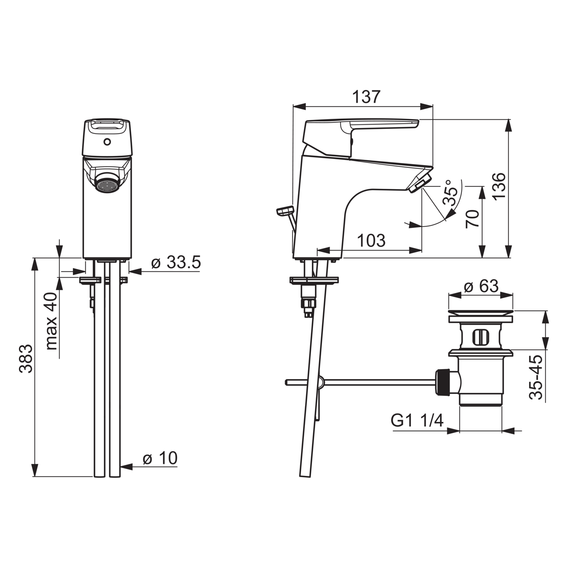 HA Einhebelmischer Waschtischbatterie HANSAPOLO 5140 Kupferrohr Zugstangenablaufgarnitur Ausladung 103 mm DN15 Chrom